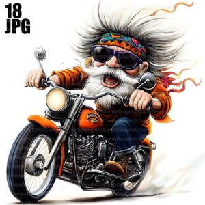 Könnte beinhalten: Cartoon-Illustration eines Bikers auf einem orangefarbenen Motorrad. Der Biker hat einen langen weißen Bart, eine Sonnenbrille und ein Bandana. Das Motorrad hat einen Chrommotor und Räder. Das Bild enthält den Text "18 JPG".