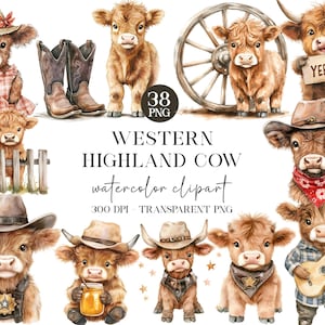 Joli clipart vaches des Highlands de l'Ouest, vache Highland Png, bébé vache PNG, Bundle de cliparts vache bébé vache impression animaux aquarelles tout usage