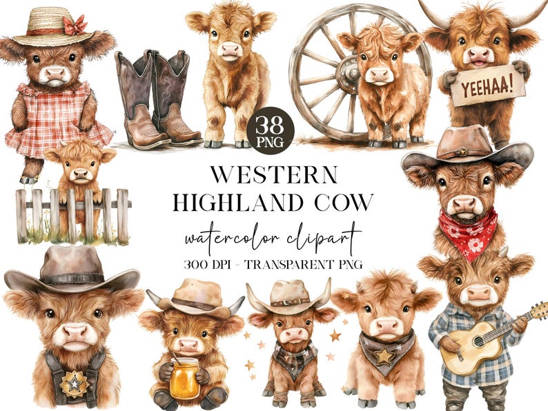 Pu&ograve; includere: Set di clipart ad acquerello di 38 mucche Highland occidentali in varie pose e abiti. Le mucche indossano cappelli, bandane e tengono strumenti musicali. Il set include una ruota di carro, stivali e una recinzione. Yeehaa!