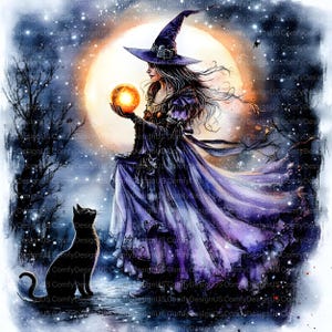 May include: A watercolor illustration of a witch in a purple dress and hat holding a glowing orb. A black cat sits at her feet, with a full moon and starry night sky in the background. The image has a fantasy theme.