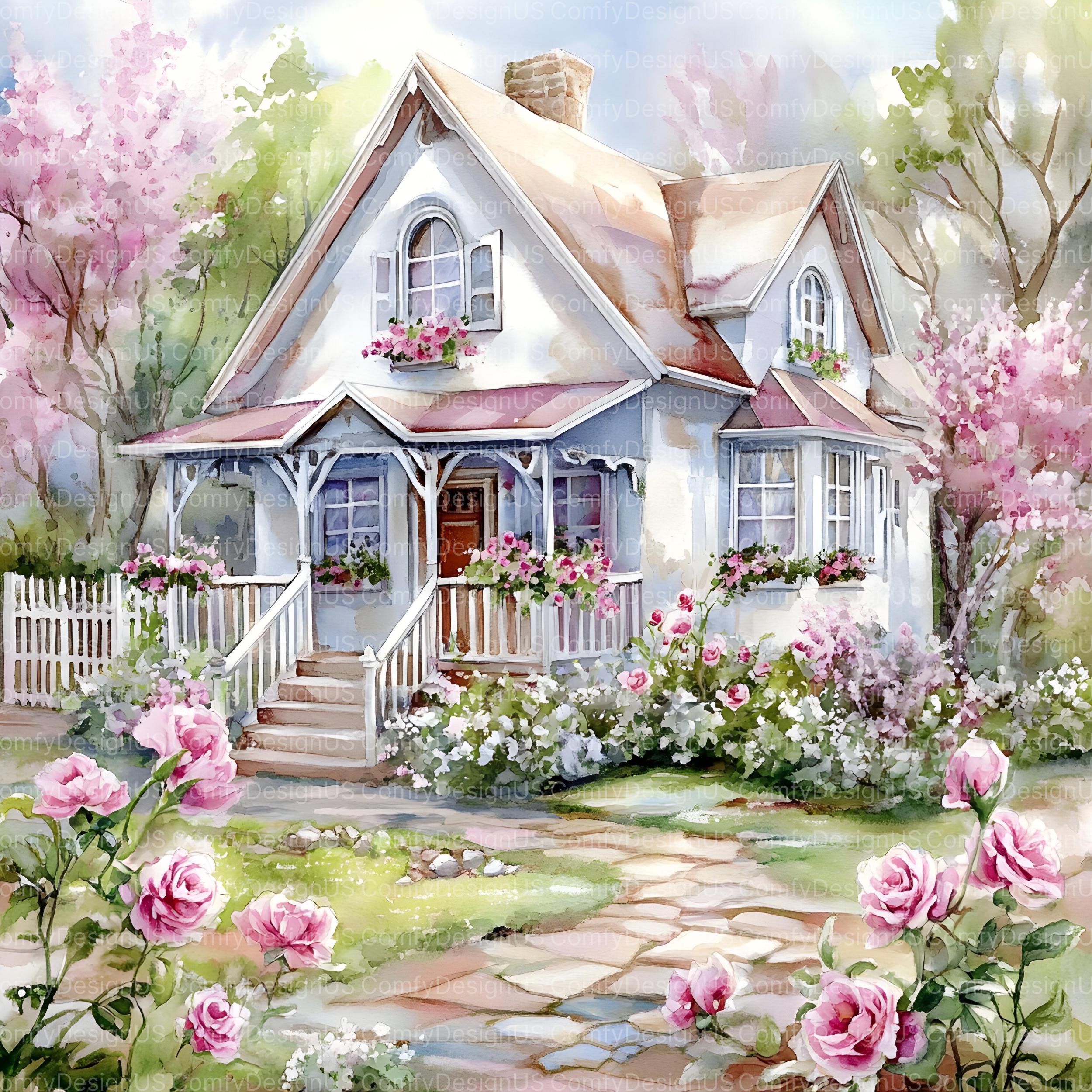 20 White Cottage in Spring Clipart Bundle, Watercolor House Clipart JPG ...