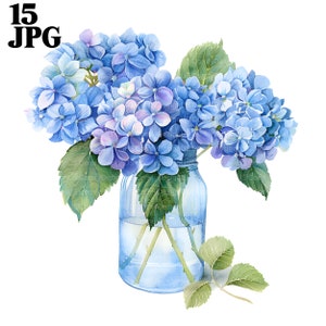 15 Hydrangea in Vase Clipart, Blue Hortensia, Flowers in a Jar, Printable Watercolor Clipart High Quality JPGs Digital Download Junk Journal