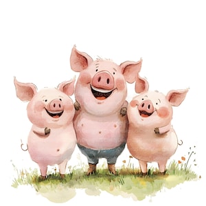 Imágenes prediseñadas de los tres cerditos, 12 archivos JPG de alta calidad, imágenes prediseñadas de lobo feroz, los tres cerditos, lindas casas de acuarela de cuento de hadas de cerditos para uso comercial
