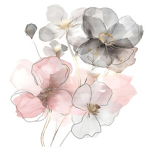 Pu&ograve; includere: Dipinto ad acquerello di un bouquet di fiori rosa e grigi con accenti dorati. I fiori sono delicati e hanno un'atmosfera morbida e romantica.