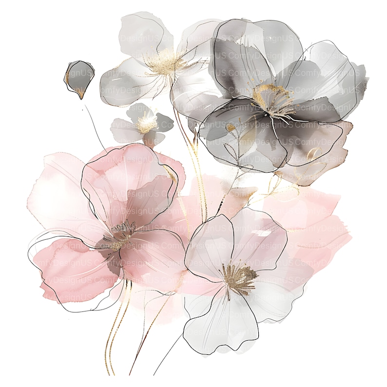 Pu&ograve; includere: Dipinto ad acquerello di un bouquet di fiori rosa e grigi con accenti dorati. I fiori sono delicati e hanno un'atmosfera morbida e romantica.