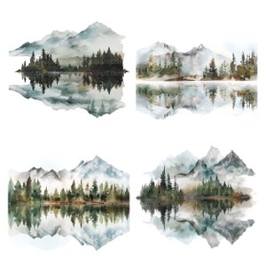 K&ouml;nnte beinhalten: Vier Aquarelle von Berglandschaften mit Reflexionen in einem See. Jedes Gem&auml;lde zeigt eine andere Bergkette in verschiedenen Blaut&ouml;nen, Gr&uuml;nt&ouml;nen und Braunt&ouml;nen. Die Berge sind mit Schnee und Nebel bedeckt, und die B&auml;ume sind eine Mischung aus Nadelb&auml;umen und Laubb&auml;umen.