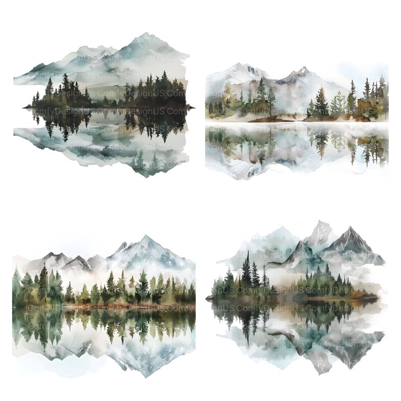 K&ouml;nnte beinhalten: Vier Aquarelle von Berglandschaften mit Reflexionen in einem See. Jedes Gem&auml;lde zeigt eine andere Bergkette in verschiedenen Blaut&ouml;nen, Gr&uuml;nt&ouml;nen und Braunt&ouml;nen. Die Berge sind mit Schnee und Nebel bedeckt, und die B&auml;ume sind eine Mischung aus Nadelb&auml;umen und Laubb&auml;umen.