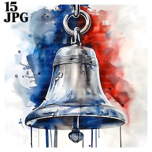 15 Clipart de sino, Clipart de sino da liberdade, 4 de julho, Quatro de julho, Clipart patriótico, Clipart de aquarela para impressão, JPG de alta qualidade