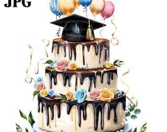 11 Graduation Cake, Student Graduation, Grad Clipart, Printable Watercolor Clipart, High Quality JPGs, Digital Download, Paper Craft Journal