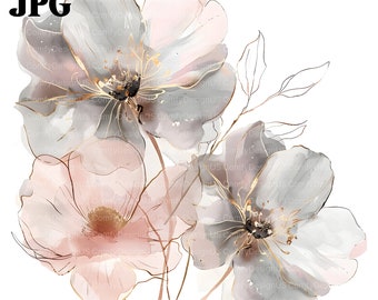 15 Abstract Flowers Clipart, Pink Grey Flowers, Boho Flowers, Printable Watercolor Clipart, High Quality JPGs, Digital Download, Paper Craft
