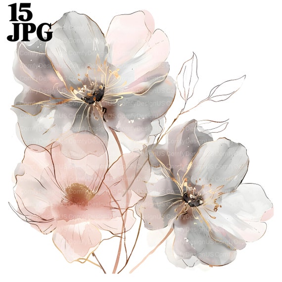 15 Abstract Flowers Clipart, Pink Grey Flowers, Boho Flowers, Printable Watercolor Clipart, High Quality JPGs, Digital Download, Paper Craft