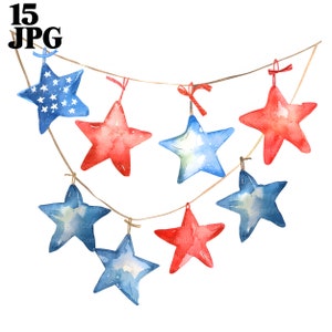 15 sterren clipart, rode witte en blauwe sterren, vlag van de VS, Amerikaanse vlag, afdrukbare aquarel clipart, hoge kwaliteit jpg's, digitale download