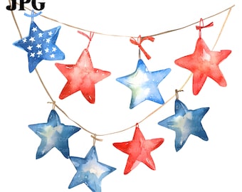 15 stelle Clipart, stelle rosse, bianche e blu, bandiera USA, bandiera americana, clipart acquerello stampabile, JPG di alta qualità, download digitale