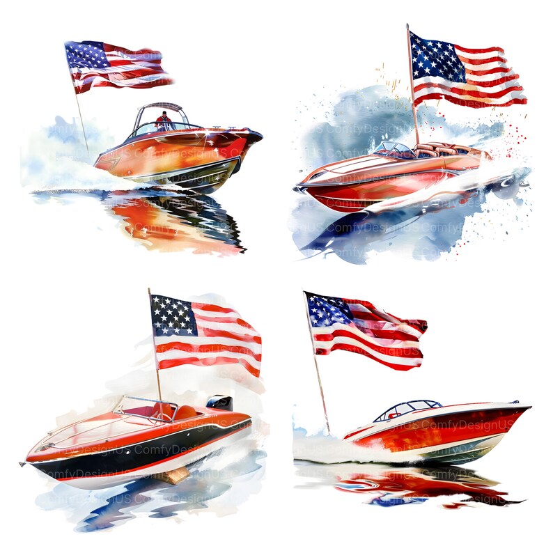Pu&ograve; includere: Quattro illustrazioni ad acquerello di motoscafi rossi con bandiere americane. Ogni barca sta correndo sull'acqua, creando uno spruzzo d'acqua dietro di s&eacute;. Le barche sono tutte rosse con accenti bianchi e hanno una striscia nera che corre lungo il lato. Le bandiere americane sventolano tutte al vento.