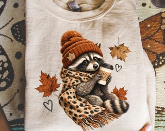 Fall Raccoon PNG, Funny Raccoon Coffee PNG, Cozy Autumn Shirt Design, Woodland Animal Sublimation, Thanksgiving Digital Download