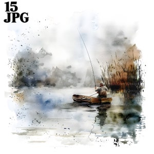 15 imágenes prediseñadas de pesca de hombres, paisaje de pesca de barcos, pescador, pesca ido, imágenes prediseñadas de acuarela imprimibles, JPG de alta calidad, descarga digital