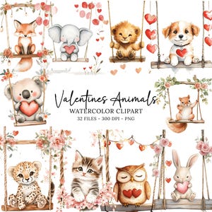 Valentines Animals On Swings Collection Clipart, Valentines Day Clipart, Romantic Animal PNG, Valentines Clipart, Heart PNG Digital Download