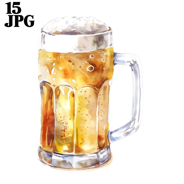 15 Beer Glass Clipart, Beer Clipart, Beer Mug, Cocktail Drinks, Printable Watercolor Clipart, High Quality JPGs Digital Download Paper Craft