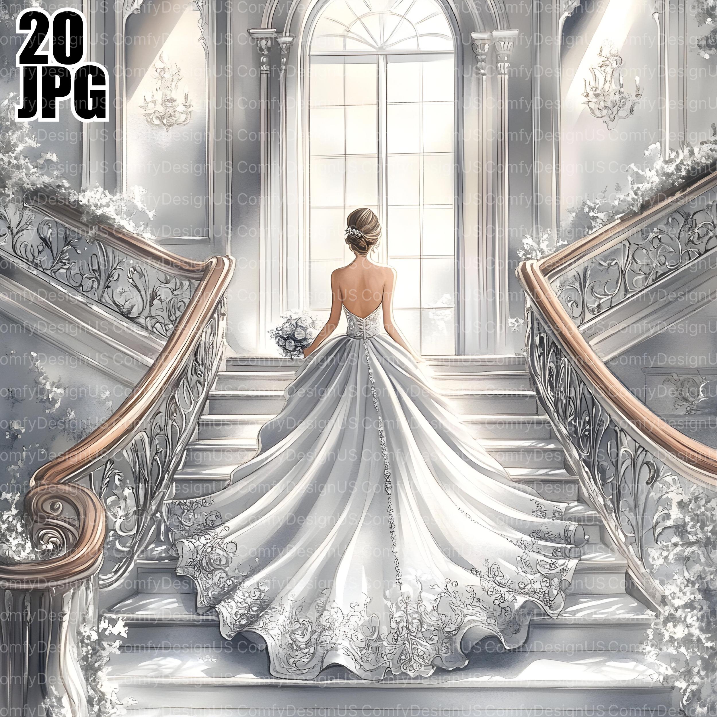 20 Bride On Stairs Clip Art, Bride Clipart, Wedding Clipart, Ceremony Clipart, Wedding Dress Clipart, Junk Journal, Digital Download, JPG