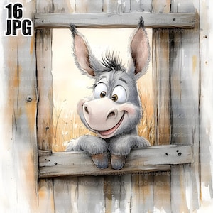 Puede incluir: Un burro de dibujos animados con un pelaje gris y blanco asoma por una ventana de madera. El burro tiene una gran sonrisa y ojos grandes y redondos. El fondo es una acuarela de color amarillo y marrón.