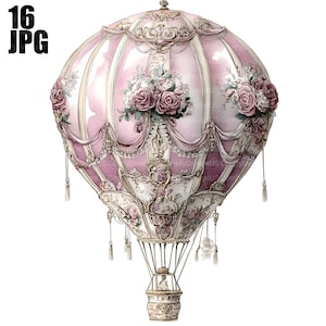 16 Hot Air Balloon Clipart, Victorian Vintage Balloon, Watercolor Clipart, High Quality JPGs, Digital Download, Paper Craft, Commercial Use