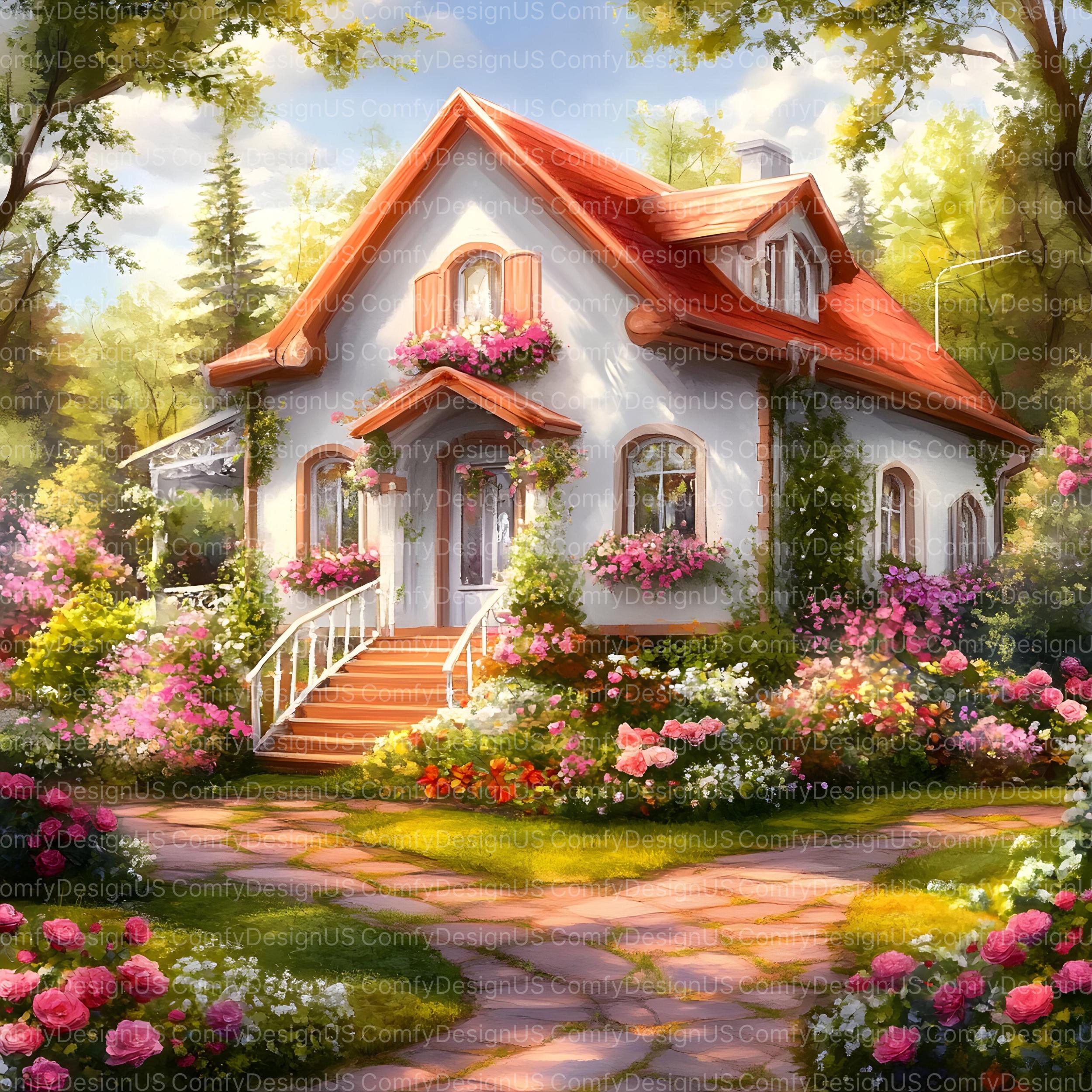 20 White Cottage in Spring Clipart Bundle, Watercolor House Clipart JPG ...