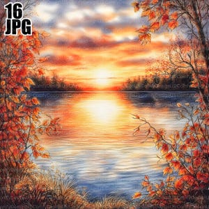 Puede incluir: Pintura paisajística de un lago al atardecer. El cielo está lleno de tonos naranjas y amarillos, que se reflejan en el agua. Hojas de otoño en tonos rojos y naranjas enmarcan la escena. El texto "16 JPG" está en la esquina superior izquierda.