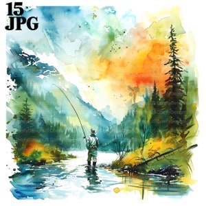 15 imágenes prediseñadas de pesca, pesca con mosca, imágenes prediseñadas de caña de pescar, pescador, imágenes prediseñadas de acuarela imprimibles, archivos JPG de alta calidad, descarga digital, diario