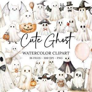 Lindo fantasma acuarela clipart, lindo Halloween, Halloween para niños, dibujos animados de Halloween clip art, lindo fantasma espeluznante guardería uso comercial