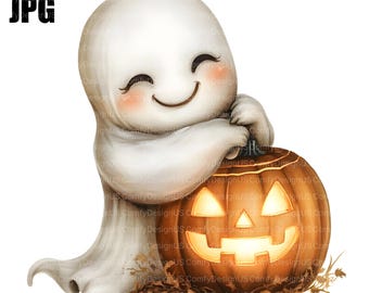 18 Cute Ghost Clipart, Pumpkin Clipart, Halloween Clipart, High Quality JPG, Watercolor Clipart, Junk Journal, Digital Download, Paper Craft