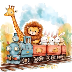 16 Clipart de train animaux mignons, train d'animaux de safari, JPG de haute qualité, des cliparts aquarelle, Junk Journal, téléchargement numérique, créations en papier