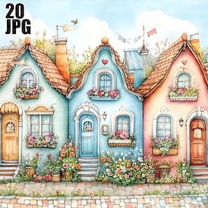 20 Blooming Houses Clip Art, whimsical houses, tall houses, primitive houses, fantasy houses, flower houses, row houses, Junk Journal, JPG