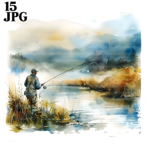 15 Man Fishing Clipart, Lake Fishing Landscape, Fisherman Clipart, Fly Fishing, Printable Watercolor Clipart, High Quality JPGs, Digital