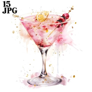 15 Clipart di cocktail rosa, cocktail adorabili, clipart di bevande, clipart di acquerelli stampabili, JPG di alta qualità, download digitale Junk Journal