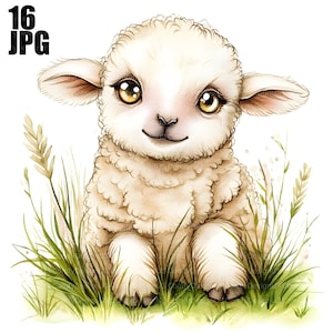 16 Watercolor Lamb Clipart, Baby Animal, Farm Illustration, Countryside Clipart, Animal Clipart, High Quality JPG, Junk Journal, Paper Craft