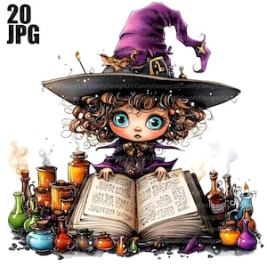 May include: A charming illustration of a young witch with brown curly hair, wearing a purple witch hat and robe. She is surrounded by potion bottles and an open spell book. The image includes the text "20 JPG".