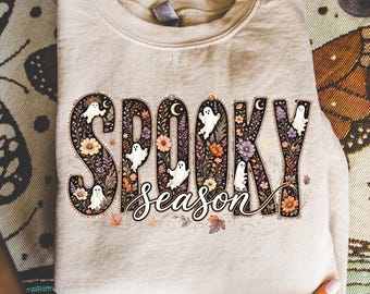 Floral Spooky Season PNG, Pearl Ghost Halloween Png, Faux Chenille Retro Halloween Design Floral Ghost Png Fall Sublimation Trendy Halloween