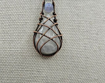 Rainbow Moonstone and Blue Chalcedony Copper Pendant