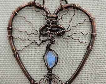 Rainbow Moonstone Tree of Life Heart Pendant