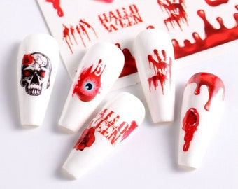 Halloween Nail Art Stickers: Red Rose Blood Skull Vampire Sharp Teeth Bat Scar Eyeball