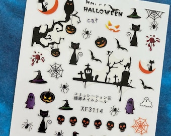 Black Cat Halloween Nail Art Stickers: Grim Reaper Witch Jack-o'-Lantern Bat Ghost Spider Skull