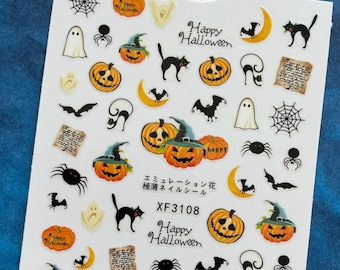 Halloween Pumpkin Head Nail Art Stickers Jack-o'-Lantern Black Cat Spider Witch Ghost Skull