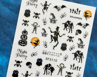 Halloween Skeleton Nail Art Stickers: Jack-o'-Lantern Witch Ghost Skulls Spider Web Grim Reaper