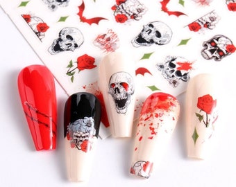 Halloween Bloody Skull Nail Art Stickers: Vampire Sharp Teeth Bat Scar Blood Eyeball Rose