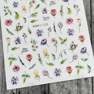 Summer Rose Purple Flowers Nail Art Stickers Green Leaf Self-Adhesive Nails HANYISeries