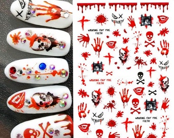 Bloody Handprint Halloween Nail Art Stickers: Spooky Skull  Scream Ghost Grim Reaper Monster Eyeball