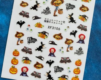 Halloween Scarecrow Nail Art Stickers: Witch Crow Pumpkin Mummy Vampire Eyeball Ghost Grim Reaper