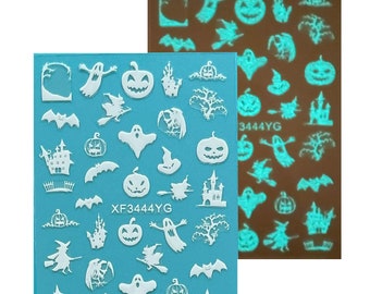Luminous Pumpkin Ghost Nail Stickers: Halloween Willow Castle Flying Witch Web Skull Grim Reaper