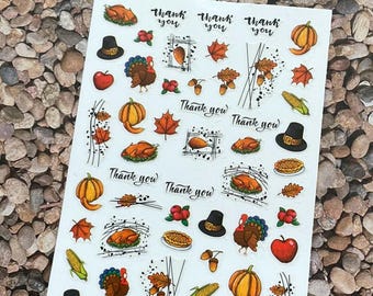 Fall Harvest Turkey Nail Art Stickers Thank You Thanksgiving Apple Corn Pie Autumn Pumpkins Orange Leaf Self Adhesive Nail Art Decal BSeries