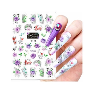Purple Rose Graphic Nail Art Stickers Gift for Mother Day Valentine Red Rose Framed Flowers Pink Rose Self Adhesive Nail Art Decals CSeries